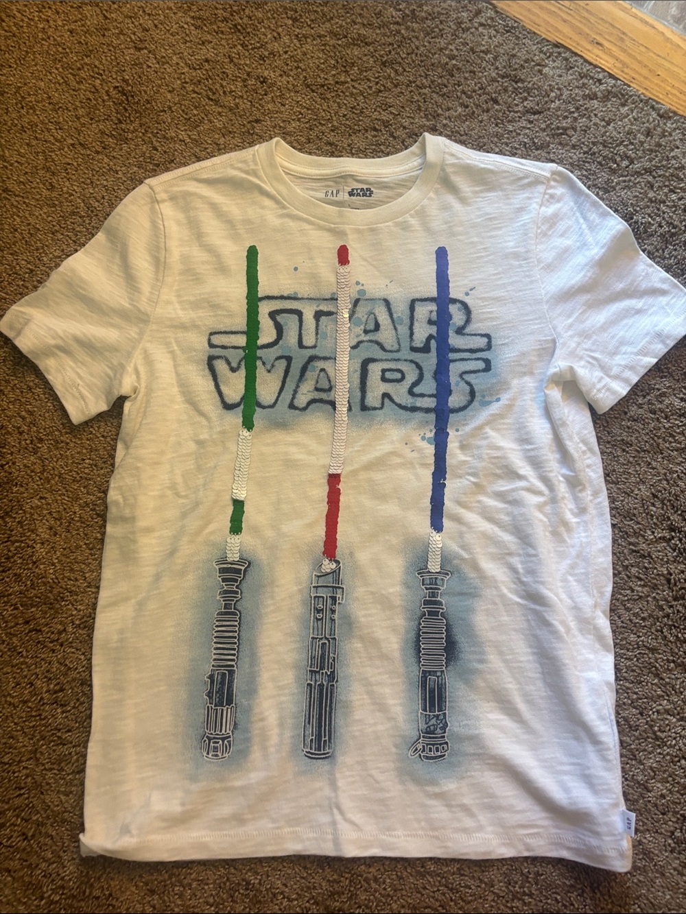 GAP kids large White Star Wars Tee with Green, Red & Blue Lightsabers